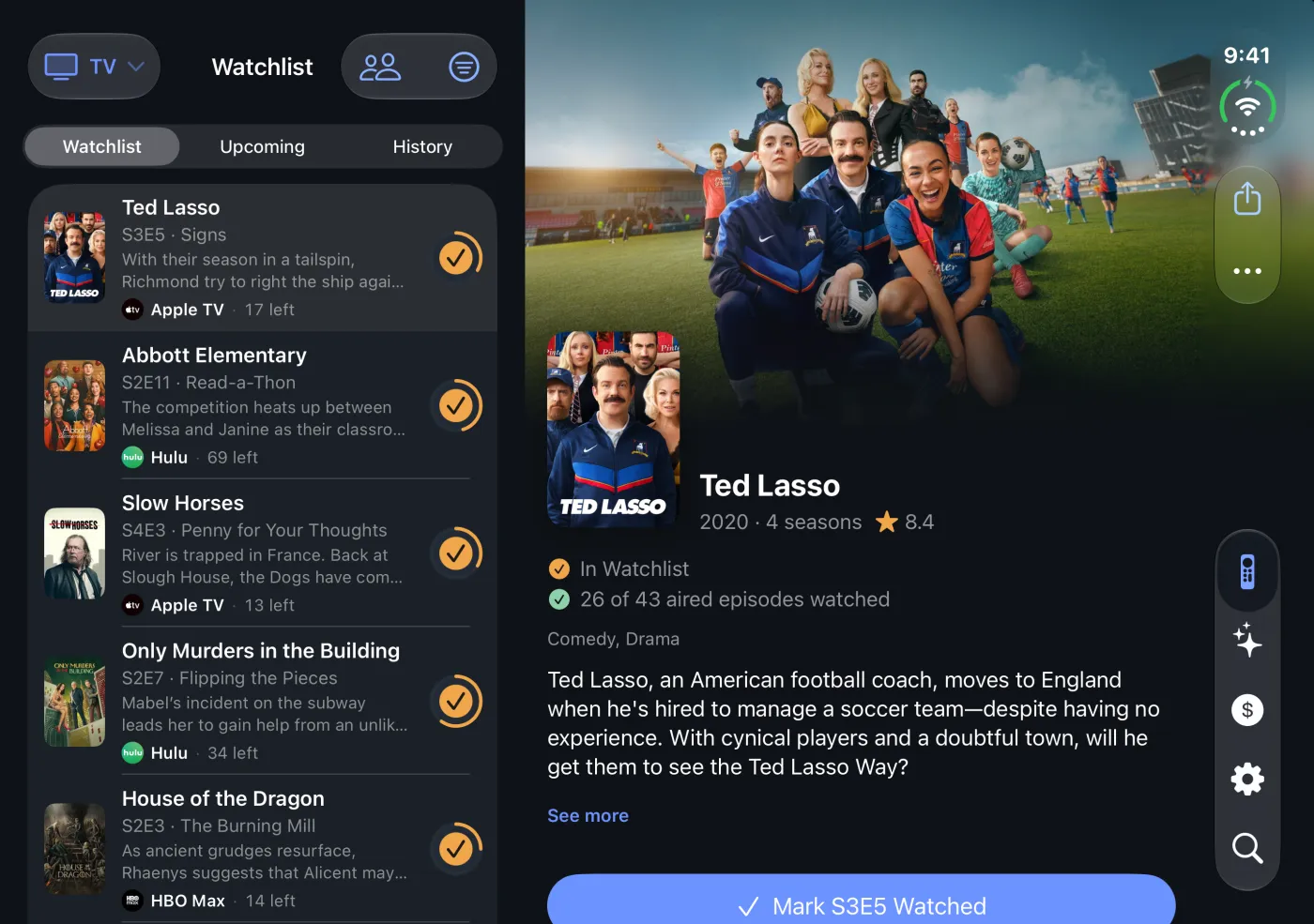 iPhone Duo open: the Watchlist beside Ted Lasso's page