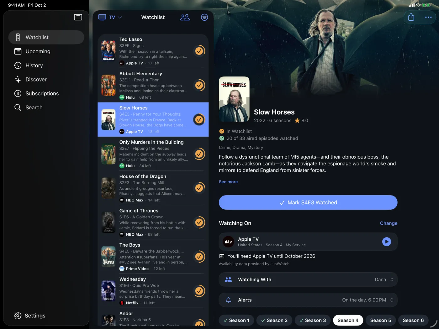 iPad: sidebar, Watchlist and Slow Horses' page