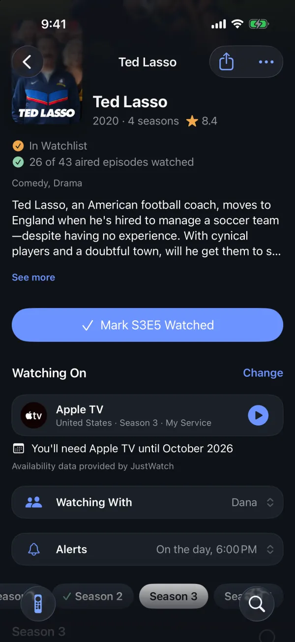iPhone: Ted Lasso's page with Watching On and Watching With