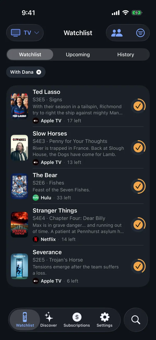 iPhone: the Watchlist filtered to shows watched with Dana