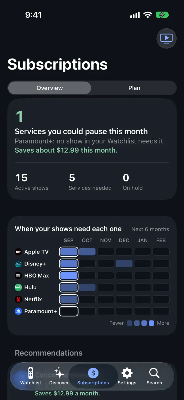 The Subscriptions tab: services needed month by month