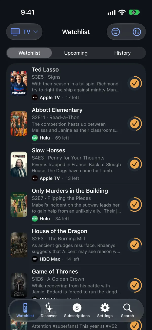 Skipper's Watchlist: shows with their next episode and the service to watch them on